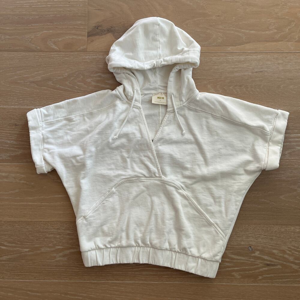Anthropologie Maeve Ivory Cropped Boxy Hooded French Terry Sweatshirt XS/Small